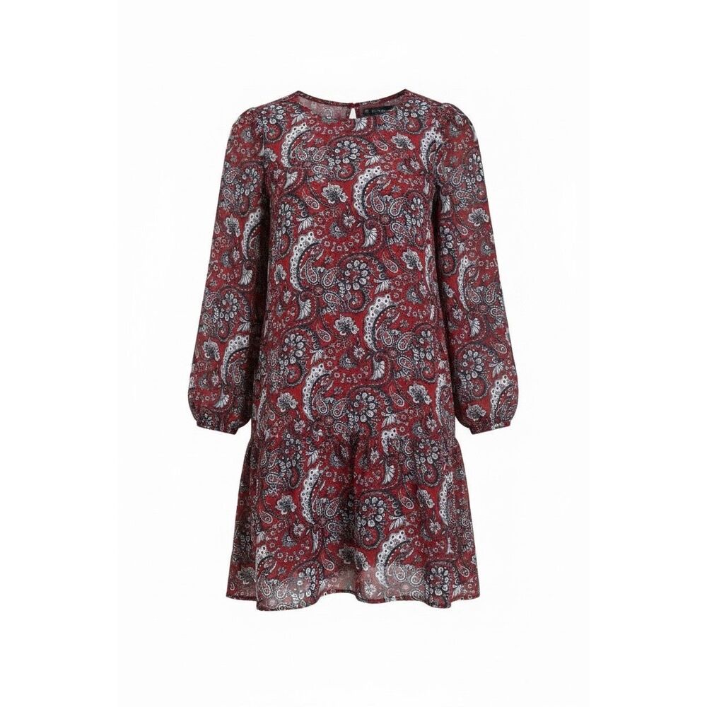 NWOT LOFT Shimmer Paisley Flounce Long Sleeve Mini Dress Crimson Red‎ Size XS
